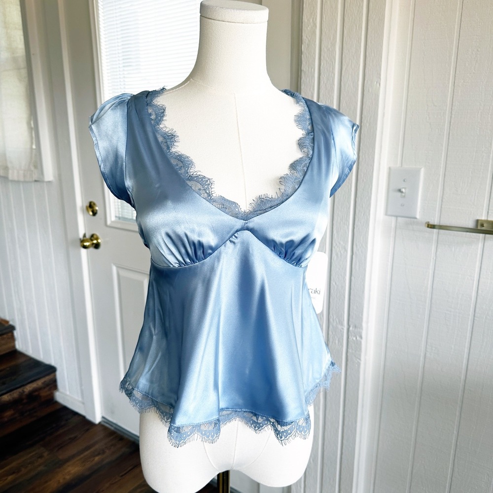 NEW Meraki Womens Satin Babydoll Top XS Blue Cap Sleeve Coquette Balletcore Soft